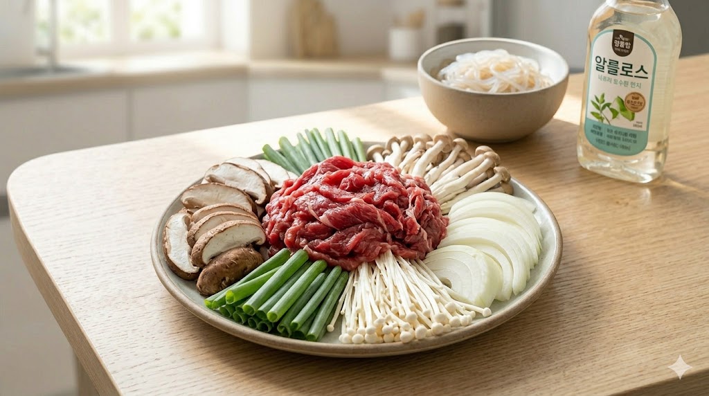 불고기 전골을 만들기 위해 준비된 신선한 재료들. 밝은 나무 테이블 위, 큰 접시에 양념된 소고기 불고기, 표고버섯, 팽이버섯, 대파, 양파가 정갈하게 담겨 있다. 뒤쪽으로는 실곤약과 알룰로스 병이 보여 건강한 레시피임을 암시한다