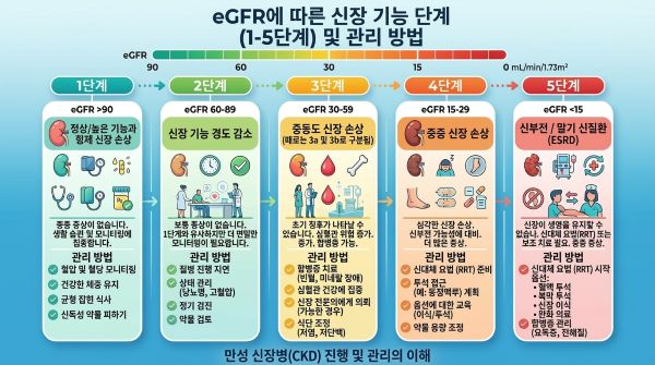 사구체여과율(eGFR)에 따른 신장 기능 단계및 관리 방법