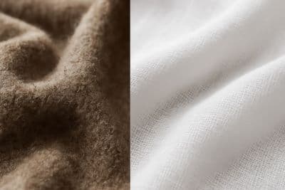 보온성이 높은 울 직물과 통기성 좋은 린넨 직물을 나란히 비교