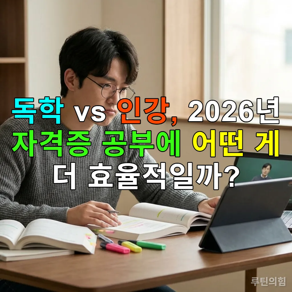2026년 자격증 공부를 위해 독학과 인강 사이에서 고민하는 한국인 학습자의 모습