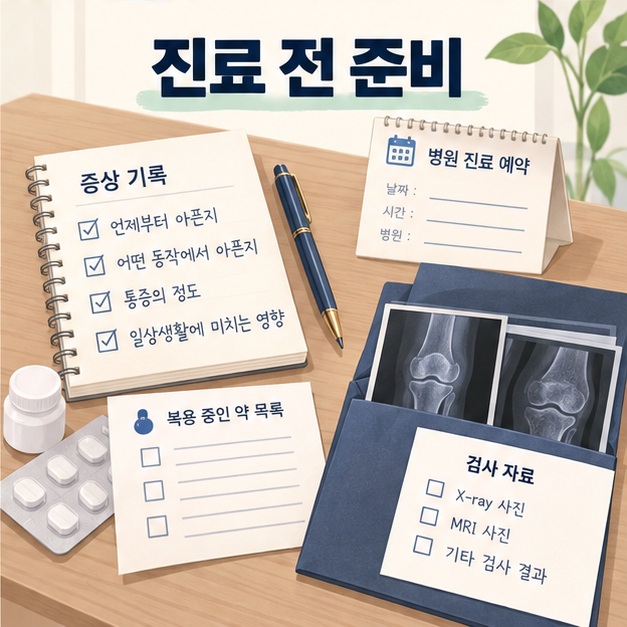 증상 기록 노트와 약 목록 및 검사 자료를 준비하는 모습