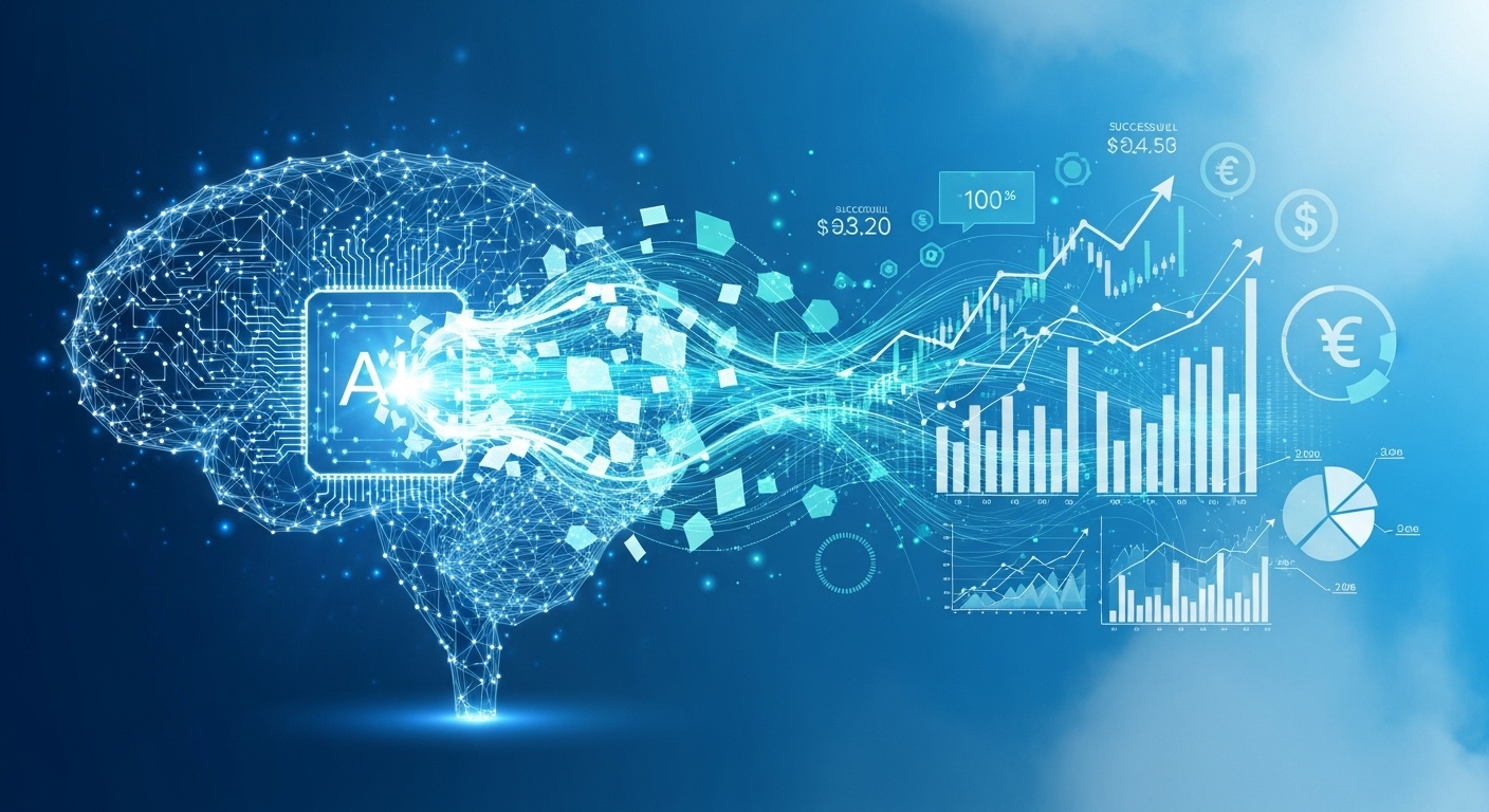 AI 기술이 기업 운영 효율성을 최적화하는 모습, 데이터 흐름과 성장 그래프.