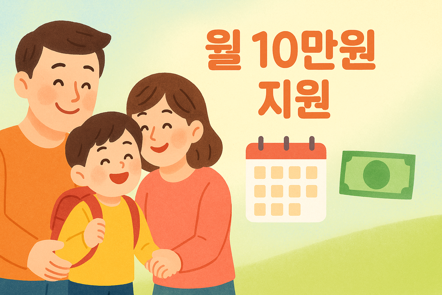 만 8세까지 확대된 아동수당을 상징하는 장면. 부모와 아이가 함께 미소 짓고 있으며, 아이는 초등학교 책가방을 메고 있고 부모 손을 잡고 있음