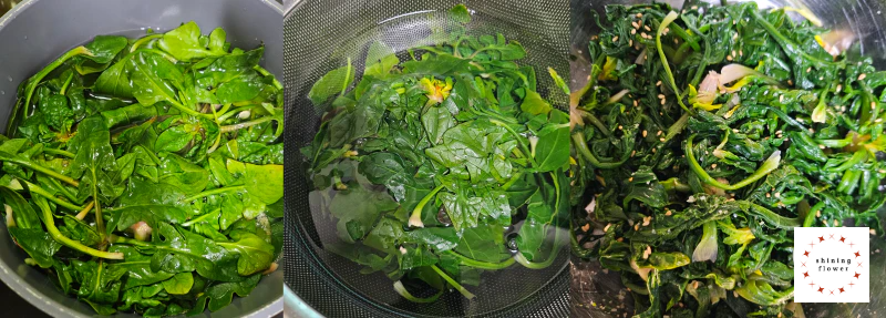 왼쪽 끓는물에 데치고 있는 시금치, 중앙 데친 후 찬물에 헹구는 시금치, 오른쪽 시금치나물 무친 후