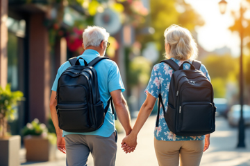 배낭을 메고 손을 잡고 걷는 노년 부부의 뒷모습&amp;#44; 도심 거리에서 함께하는 건강한 노후의 일상