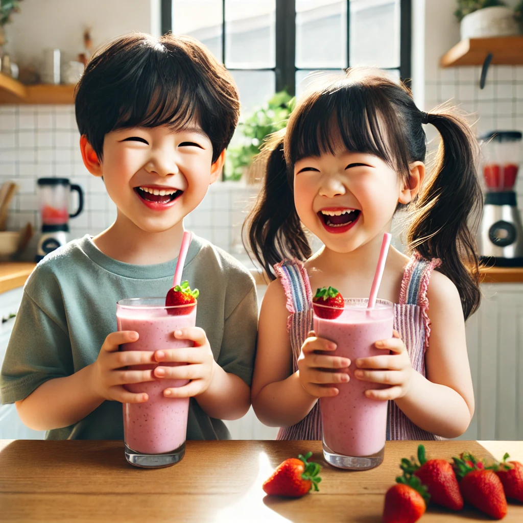 밝고 따뜻한 주방에서 딸기 스무디를 마시는 한국 어린이 두 명, 행복한 웃음과 생기 넘치는 장면, 신선한 딸기와 블렌더가 배경에 있는 따뜻한 분위기의 사진.