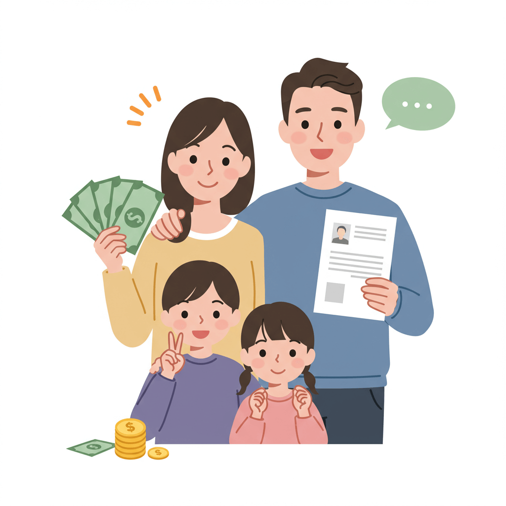 자녀장려금 지급 금액을 나타내는 서류는 아빠가 현금은 엄마가 들고 즐거워하며 아이들도 좋아하고 있다