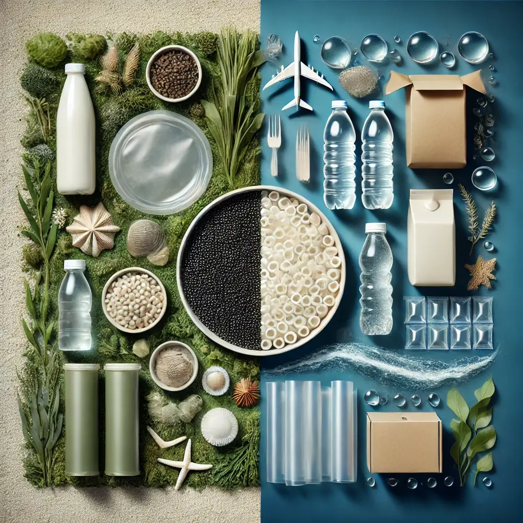 왼쪽에는 식물과 플라스틱 병등을 나열한 이미지와 오른쪽에 항공기, 포크, 플라스틱병등 실생활에 쓰여지는 물건들을 나열하고 있다.