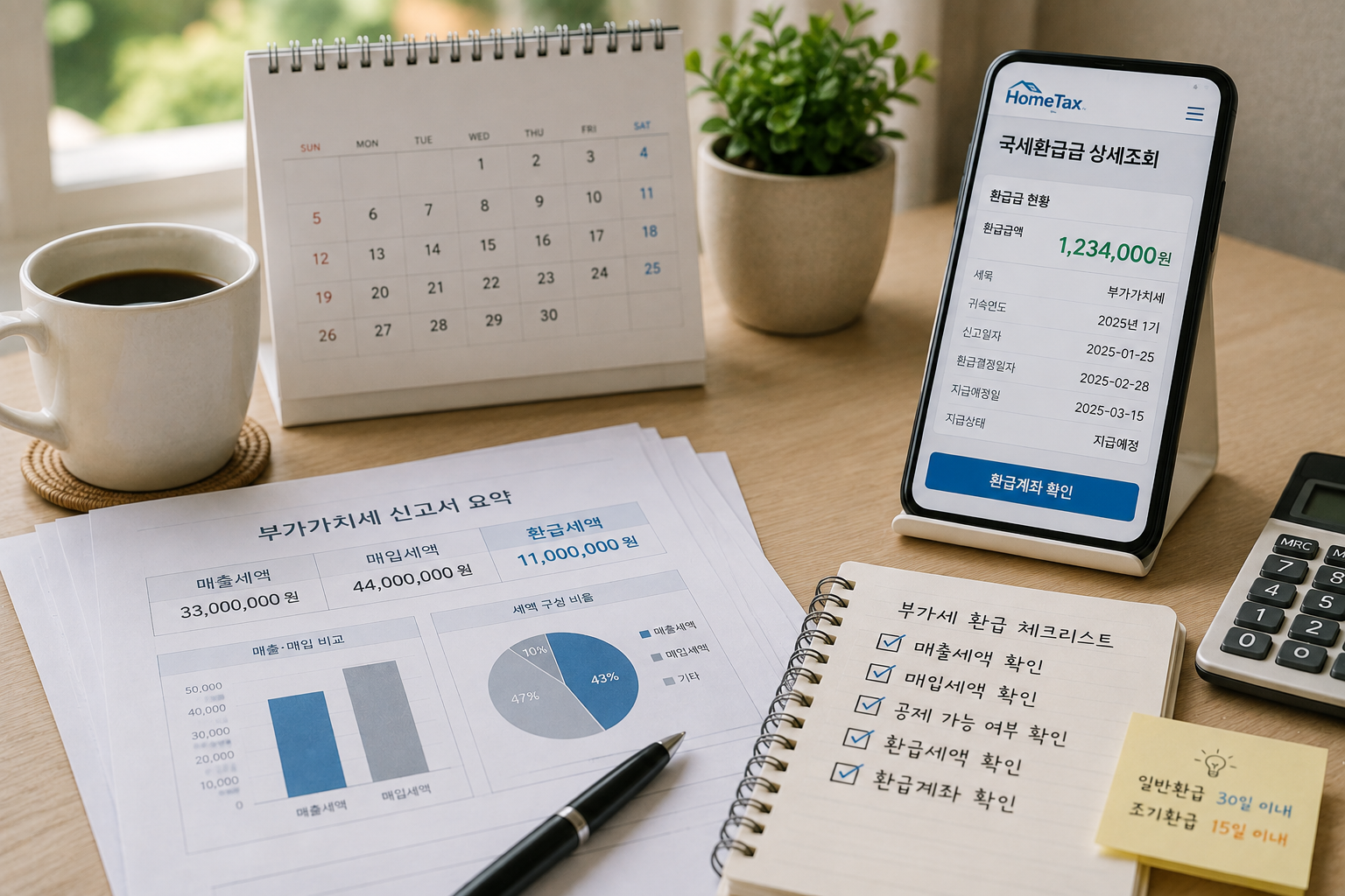 개인사업자가 부가세 신고 후 홈택스에서 환급금과 지급상태를 확인하는 모습