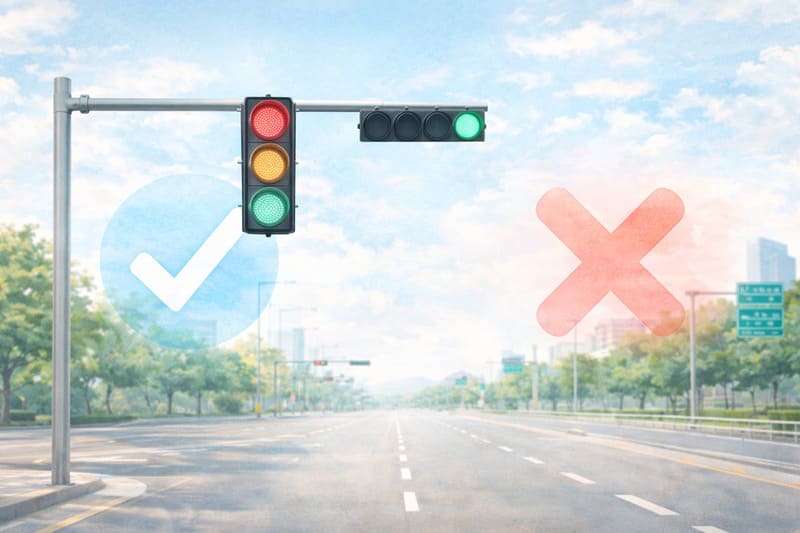 2026년 교통법규 변경 정보를 상징적으로 표현한 신호등과 도로 배경, 파란색 체크 표시와 빨간색 엑스 표시가 함께 배치된 일러스트