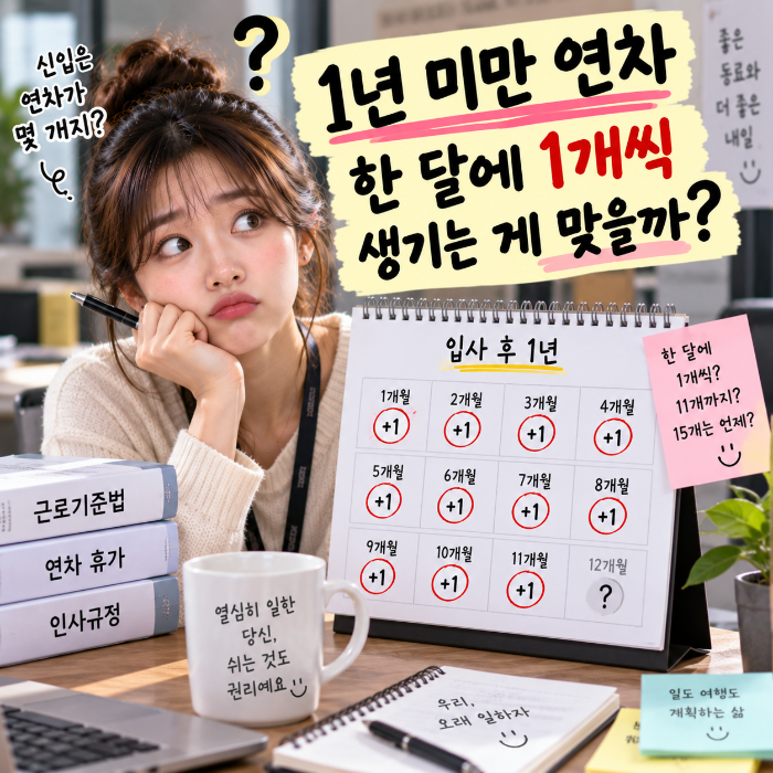 1년 미만 연차가 한 달마다 무조건 생기는지 1개월 개근 시 1일 발생 기준과 최대 11일을 확인하는 이미지