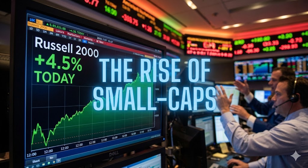 복잡한 주식 차트 위에 '소형주의 반격'이라는 문구와 함께 상승하는 화살표 그래픽