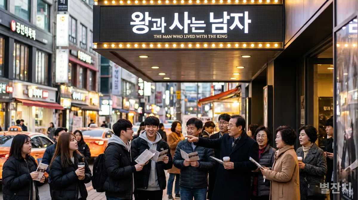 영화 '왕과 사는 남자' 간판 앞에서 영화에 대해 이야기하는 다양한 연령대의 한국인들.