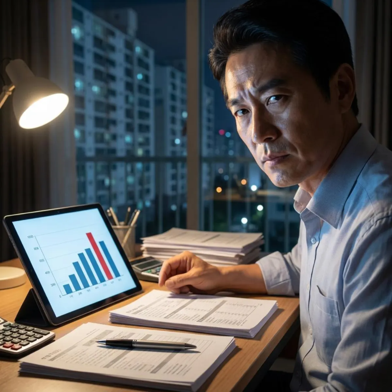 2026년 공동주택 공시가격 이의신청을 위해 서류를 검토하며 전략을 세우는 40대 한국 남성의 모습