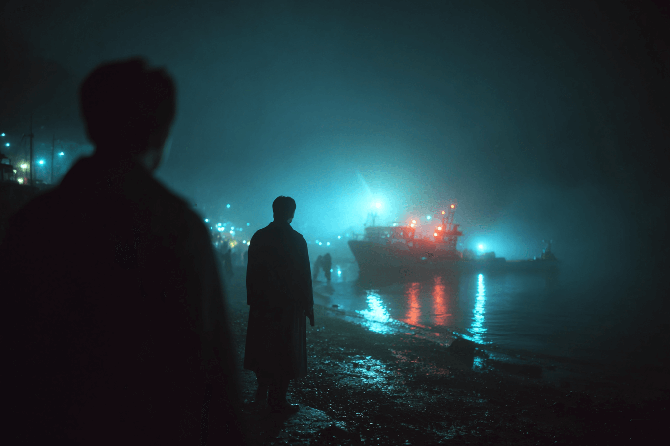 비내린-밤-항구에-서-있는-두-남자