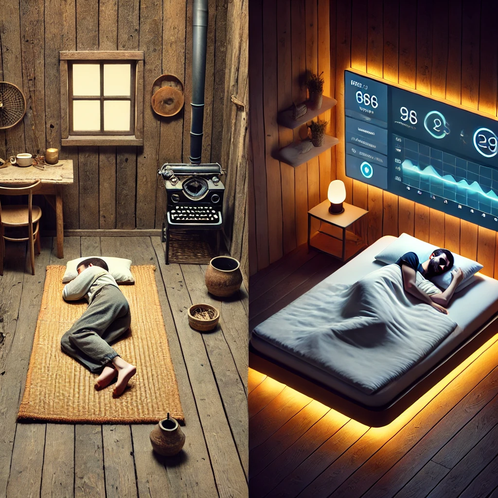 전통적인 수면 방식과 현대 수면 기술을 비교한 이미지