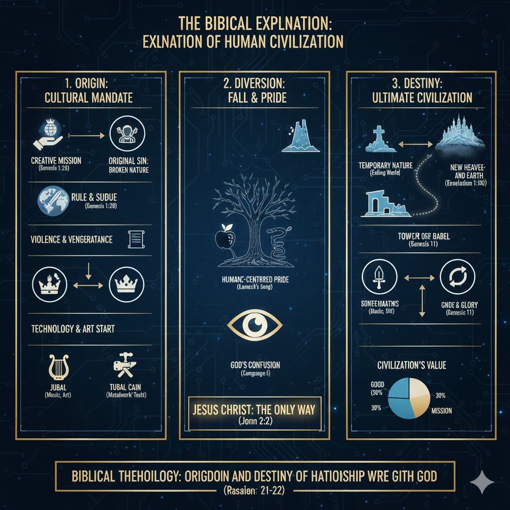 A split-screen digital illustration. One side shows an ancient, imposing stone city (symbolizing Cain's lineage and the Tower of Babel) under a stormy sky. The other side shows a peaceful garden landscape with an altar (symbolizing the lineage of Seth and the Cultural Mandate) under a warm, divine light. It represents the complex origin and dual nature of human culture and technology according to the Bible.