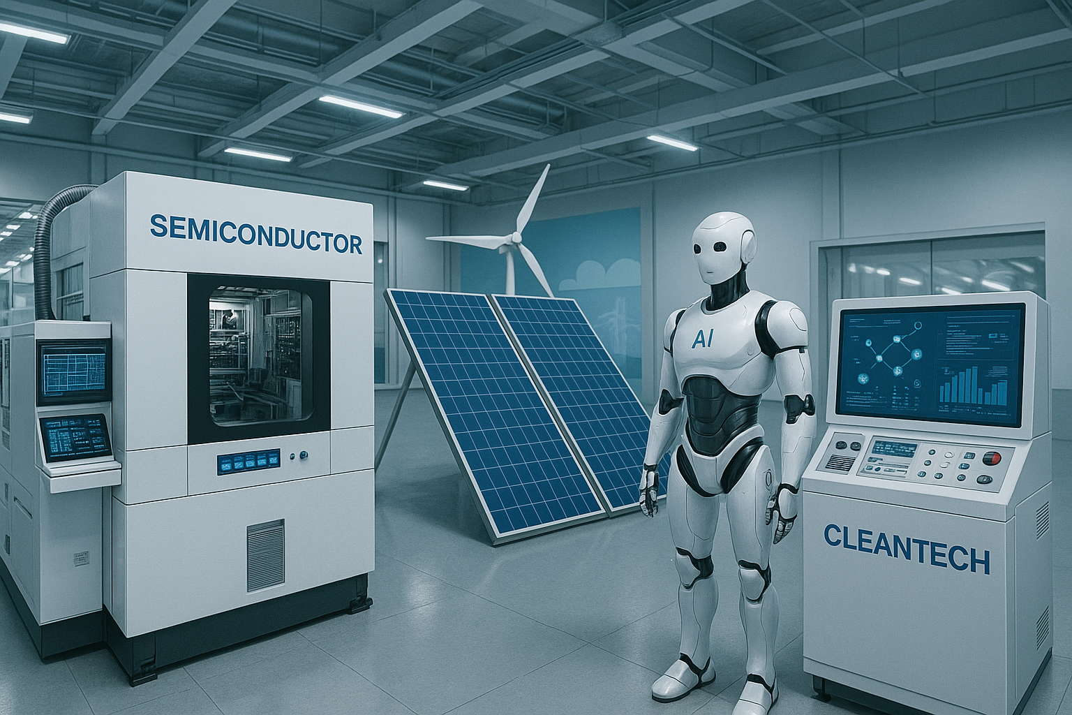 정부가 육성하는 반도체·AI·친환경 산업 등 미래 기술 산업을 보여주는 이미지 – 산업 구조 전환 흐름을 시각화