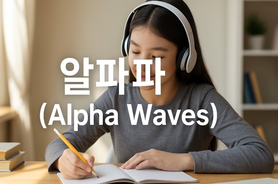 한 여자 중학생이 햇살이 들어오는 밝은 책상 앞에 앉아 헤드폰을 착용하고 집중하며 공부하는 모습이 담겨 있다. 책상 위에는 노트북과 노트가 펼쳐져 있고, 이미지 중앙에는 "알파파 (Alpha Waves)"라는 굵고 선명한 글자가 삽입되어 있다. 이 사진은 알파파를 활성화하여 학습 능력과 집중력을 높이는 학생의 모습을 자연스럽게 표현하고 있다.