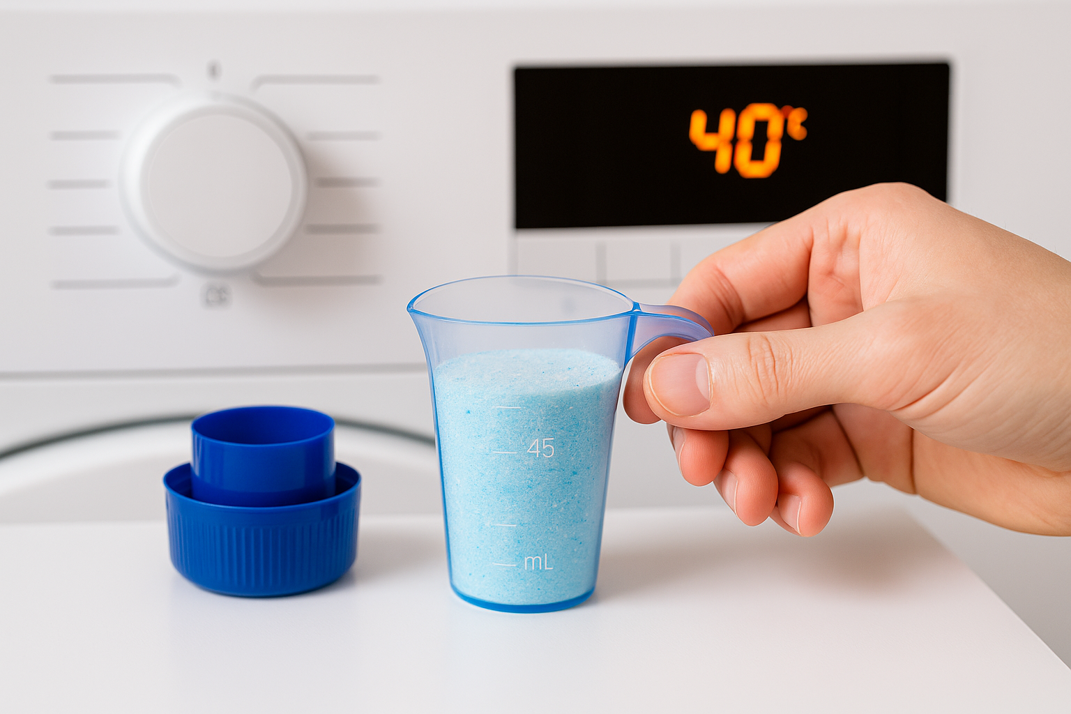 45mL 눈금 계량컵에 담긴 파란 세제와 세탁기 패널(40℃ 표시)