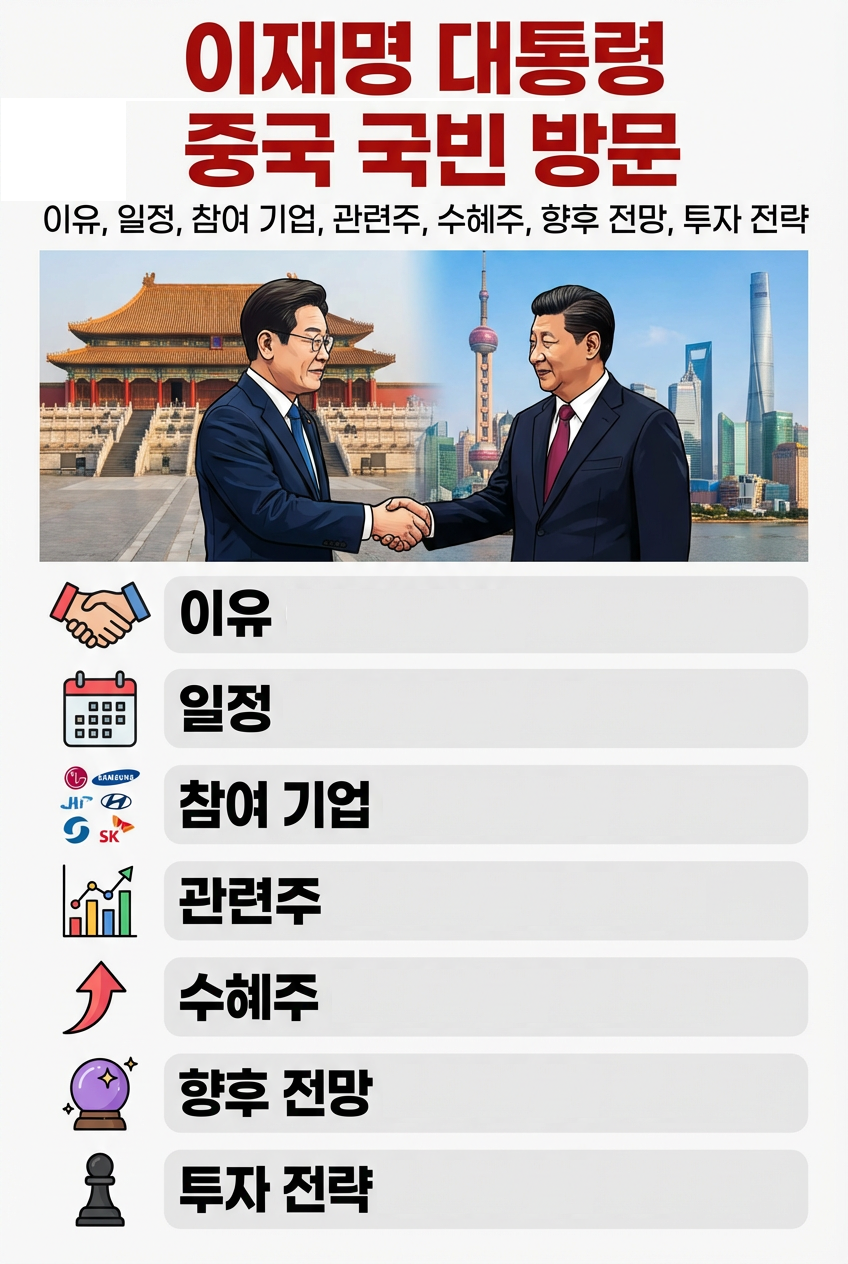 이재명 대통령 중국 국빈 방문 이유, 일정, 참여 기업, 관련주, 수혜주, 향후 전망, 투자 전략
