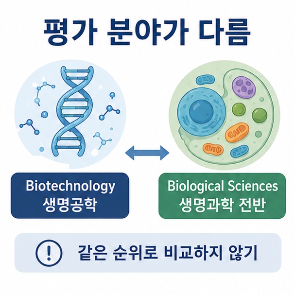 Biotechnology와 Biological Sciences는 평가하는 전공 범위가 달라 같은 대학 순위로 단순 비교하면 안 된다는 내용을 설명한 이미지