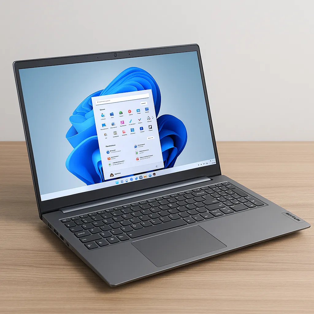 열린 상태로 책상에 놓인 레노버 씽크북 15 Gen5 노트북
