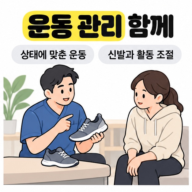 치료사가 운동화를 들어 환자에게 설명하는 모습과 상태에 맞춘 운동 및 신발과 활동 조절 안내