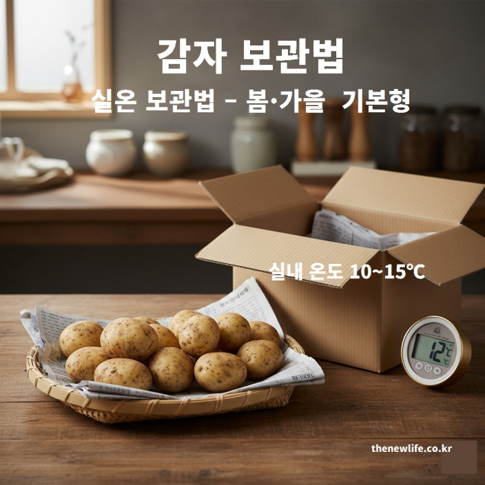 봄가을 감자 보관법, 방에서 감자를 신문지에 싸고 박스에 넣어 보관하는 모습