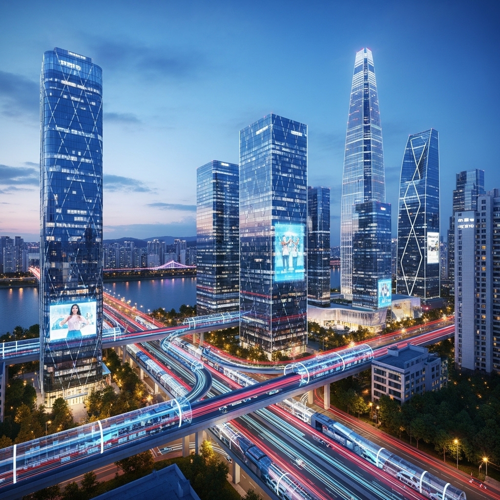 자율주행차들이 첨단 도시 인프라를 따라 유유히 움직이는 미래 도시의 모습. 한국의 현대적인 건축물과 빛나는 디지털 도로가 혁신적이고 진보적인 미래 모빌리티 시대를 보여줍니다.