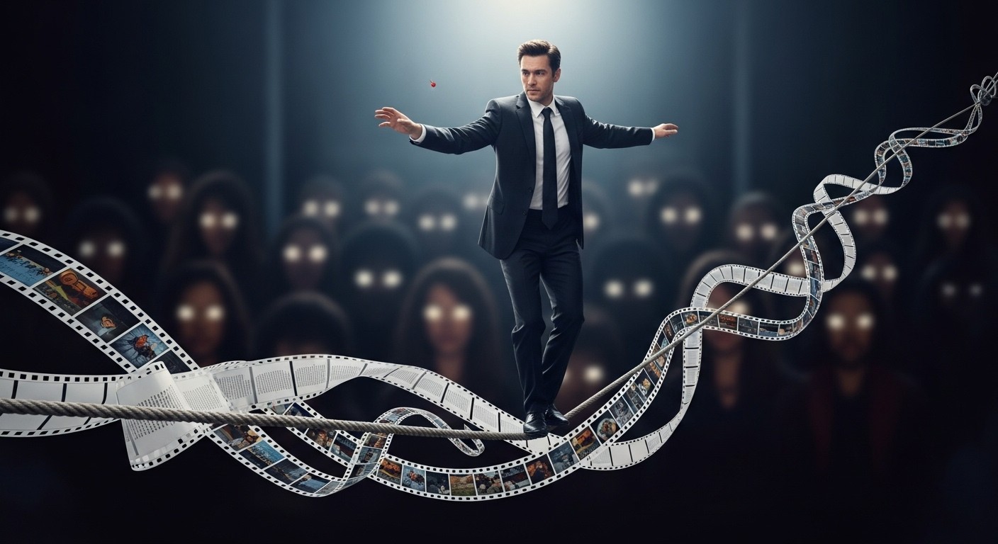 영화 필름과 광고 계약서로 이루어진 팽팽한 줄 위를 걷는 배우의 모습. 위태로운 상황 속에서도 연기 활동을 이어가려는 의지를 보여줍니다