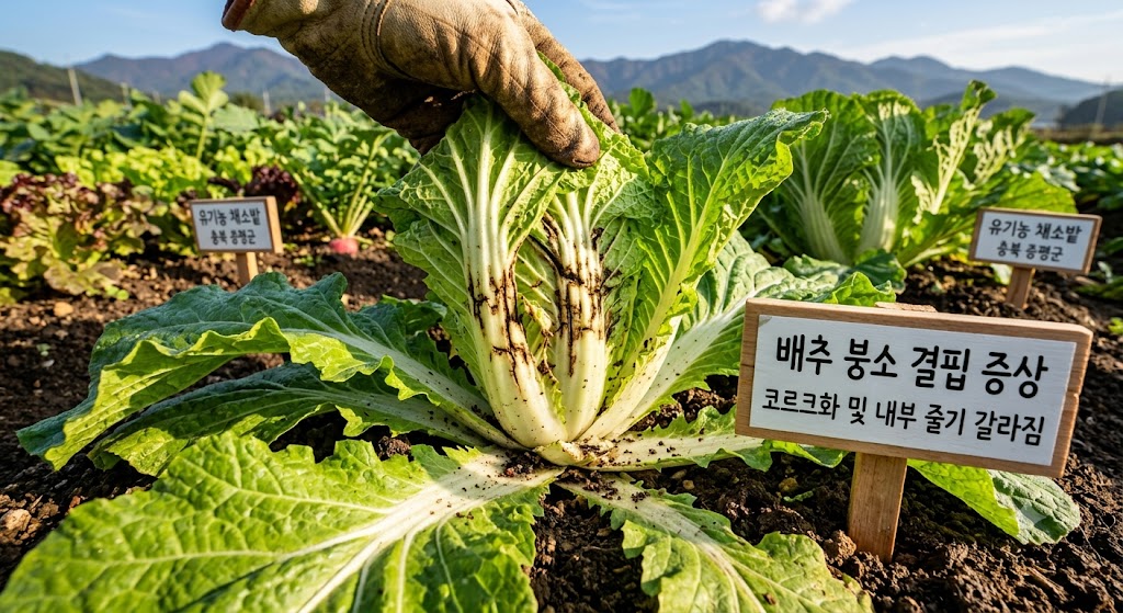 배추 잎자루 안쪽에 검게 갈라진 가로 줄무늬가 뚜렷하게 나타난 붕소결핍 증상 현장