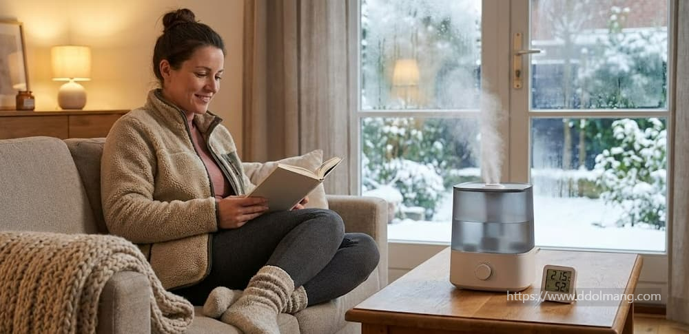눈오는 창가에 가습기를 틀어놓고 책을 읽는 여자