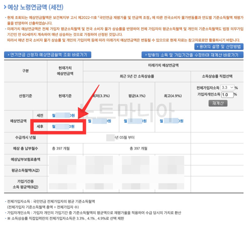 예상국민연금액조회결과화면