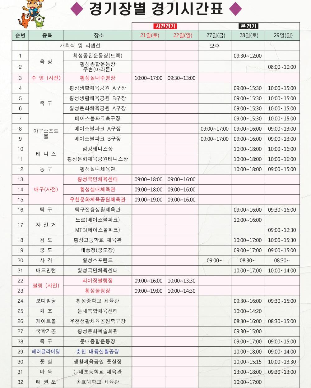 제32회 강원특별자치도민 생활체육대회 경기장별 경기시간표