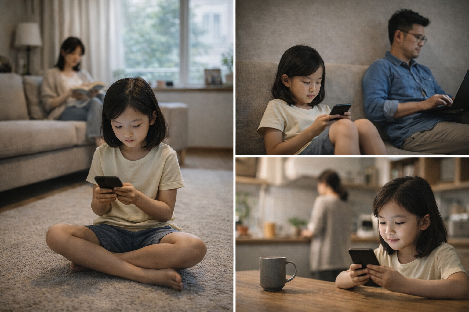 집에서 스마트폰을 보고 있는 아이와 같은 공간에 있는 부모의 일상적인 모습