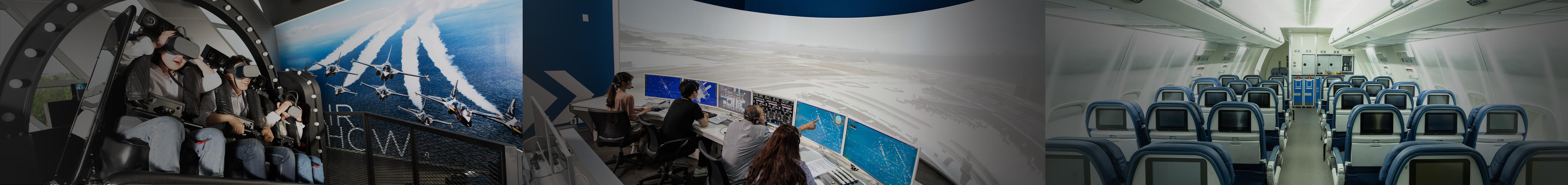 국립항공박물관의 VR 블랙이글스 탑승체험, 관제탑 시뮬레이터 체험, 실제 비행기 객실 내부를 보여주는 체험 프로그램 콜라주 이미지