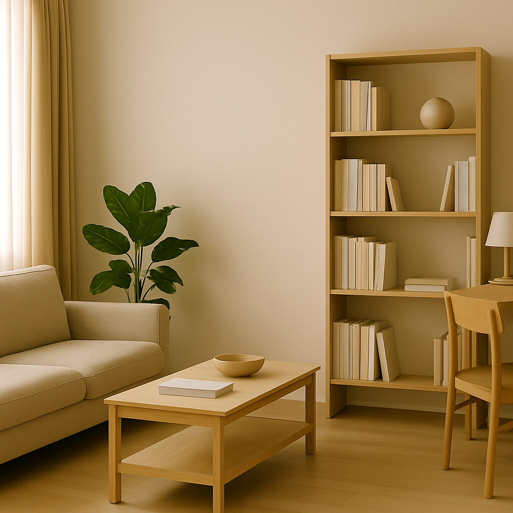 소파와 책장이 조화를 이루는 미니멀한 거실 공간, 깔끔한 인테리어와 자연광