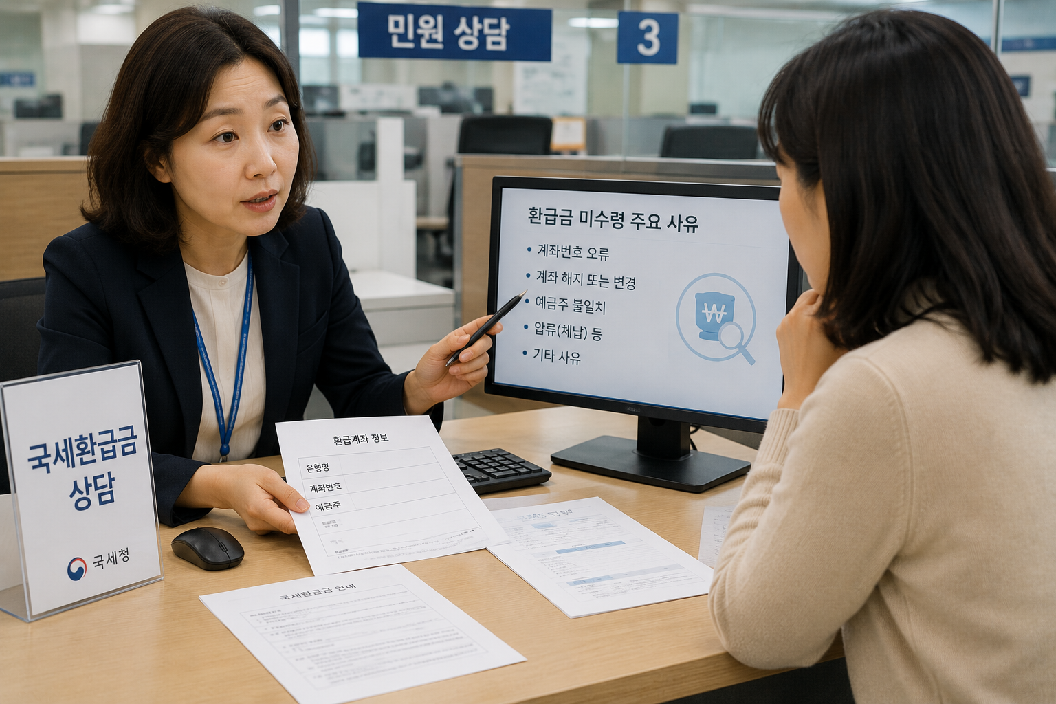 세무서 민원실에서 계좌 오류·미수령 환급금 사유를 상담하는 장면