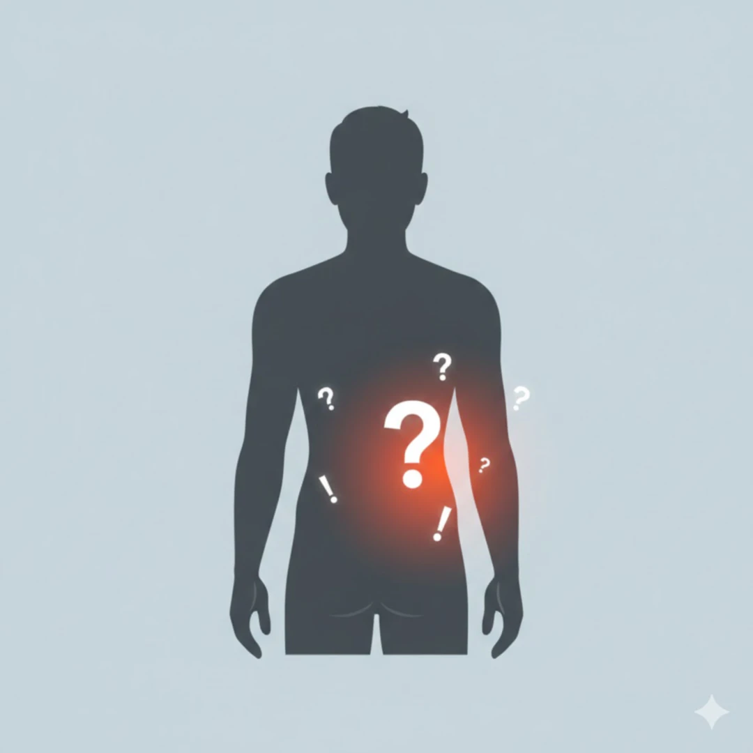 단순화된 인포그래픽 스타일로 사람의 상체 뒷모습을 보여주고, 왼쪽 옆구리 부위에 밝은 빨간색 또는 주황색 하이라이트로 통증 부위를 명확하게 표시해 주세요. 주변에 작은 물음표나 느낌표 아이콘을 추가하여 통증의 원인에 대한 궁금증을 표현할 수 있습니다. 깔끔하고 이해하기 쉬운 디자인을 강조해 주세요.