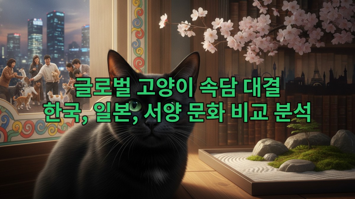세계 각국의 고양이 속담을 상징하는 요소들이 어우러진 배경에서 호기심 어린 표정으로 앉아 있는 고양이. 한국, 일본, 서양의 문화적 특색이 미묘하게 표현되어 있다.