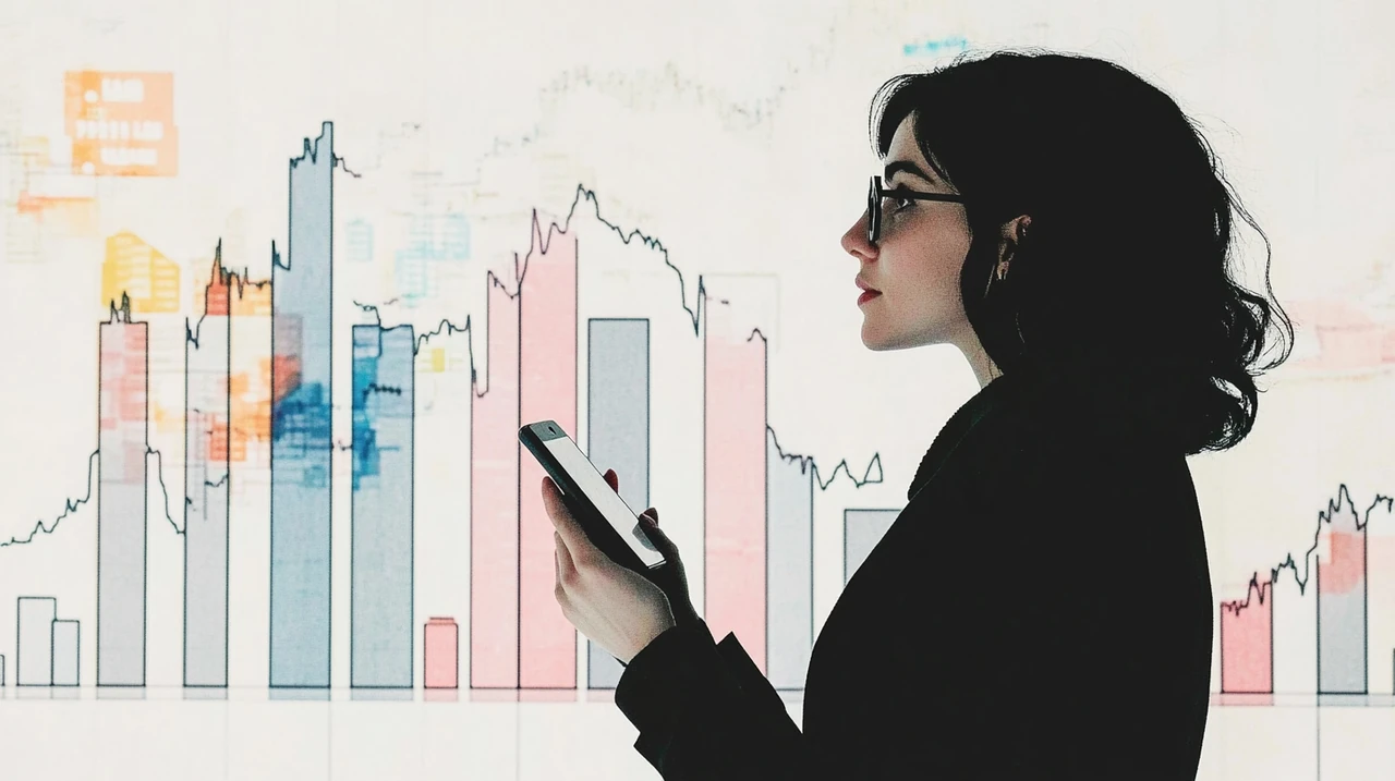 2025 퇴직연금 ETF AI 테마주에 투자하는 젊은 투자자가 스마트폰으로 국내외 주식 종목과 수익률 차트를 확인하며, 글로벌 시장과 환율 변동, 자산배분 전략이 조화를 이루는 역동적 투자 환경을 보여줌