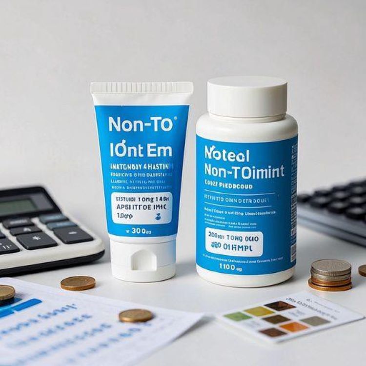 깔끔한 흰색 배경에 비판텐 연고 30g, 100g 제품이 나란히 배치되어 있고, 그 앞에 가격표와 계산기, 동전들이 정돈되어 있는 모습. 한쪽에는 약국 로고와 온라인 쇼핑 아이콘이 있어 구매 정보를 시각적으로 표현하고, 전체적으로 경제적이고 실용적인 느낌을 주는 정보성 이미지