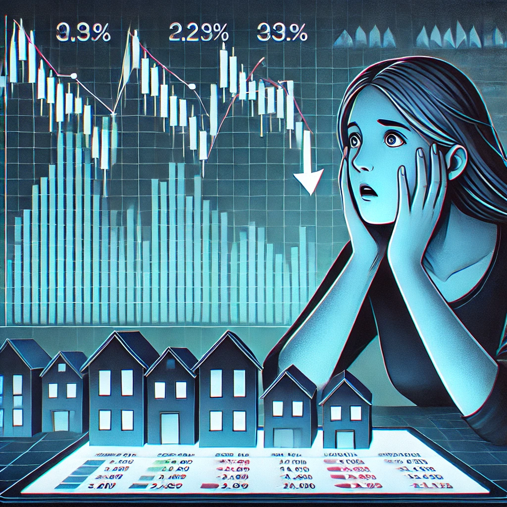 갭투자의 리스크: 부동산 가격 하락을 보며 불안해하는 투자자의 모습.