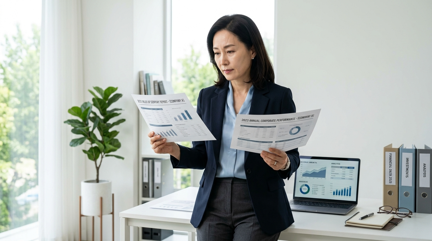 재무문서를 비교 분석중인 여성