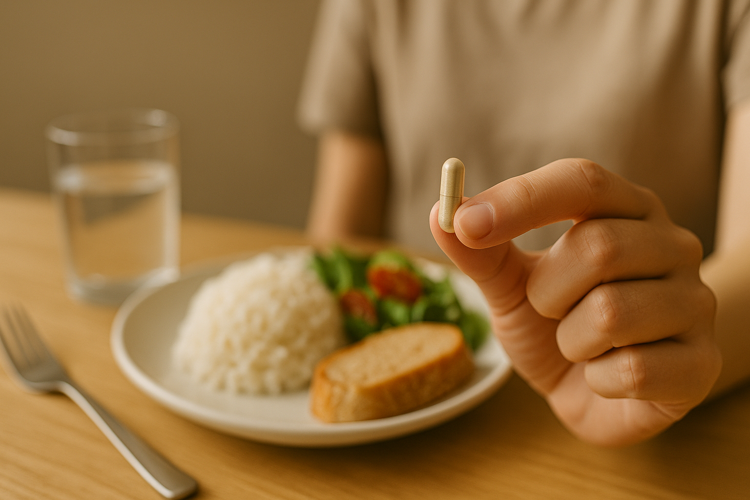 식사 직전 바나바 캡슐을 손에 든 장면과 흰쌀밥·샐러드가 있는 실제 식탁, 식사 뒤 혈당 관리 루틴을 상징하는 실사 이미지