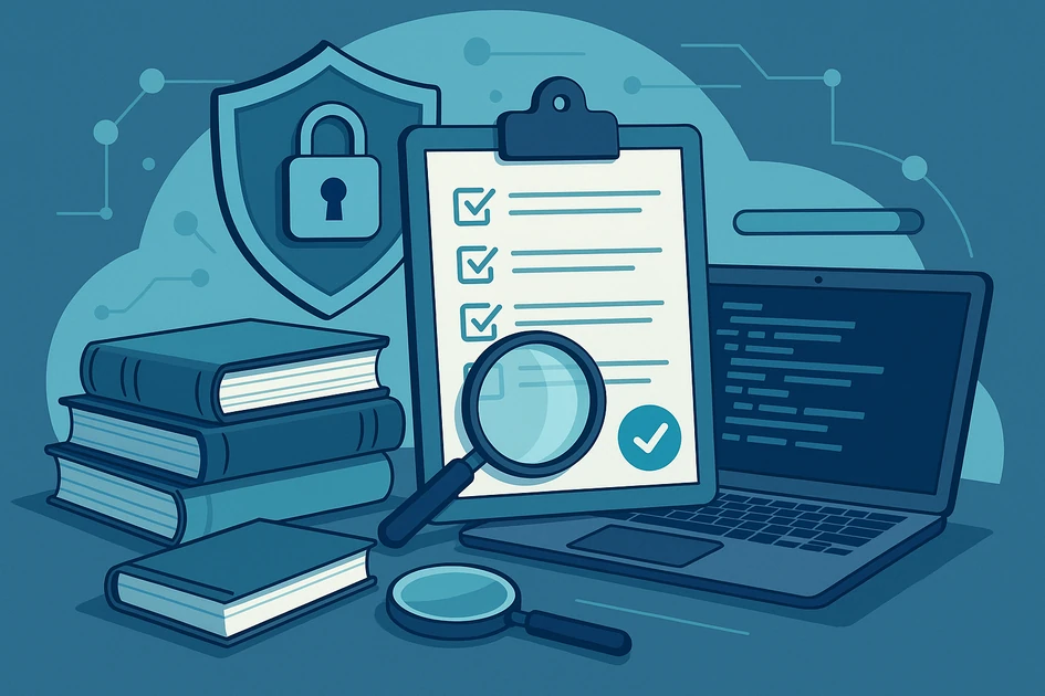 정보보안기사 필기와 실기 합격 전략을 상징하는 노트북, 체크리스트, 돋보기, 보안 방패 아이콘 일러스트