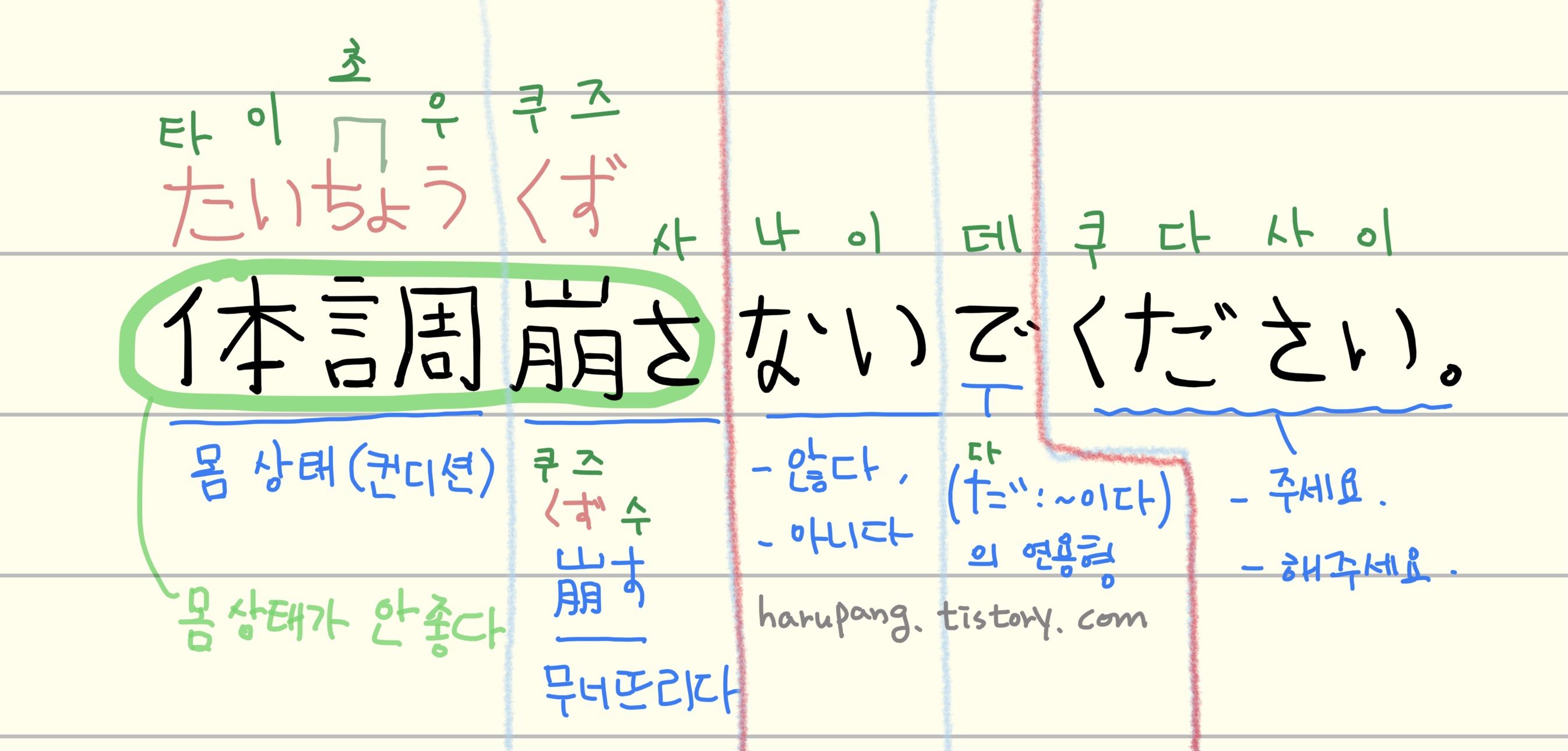 일본어로 '아프면 안 돼요.' '体調崩さないでください' 해석과 단어 분석 정리한 노트