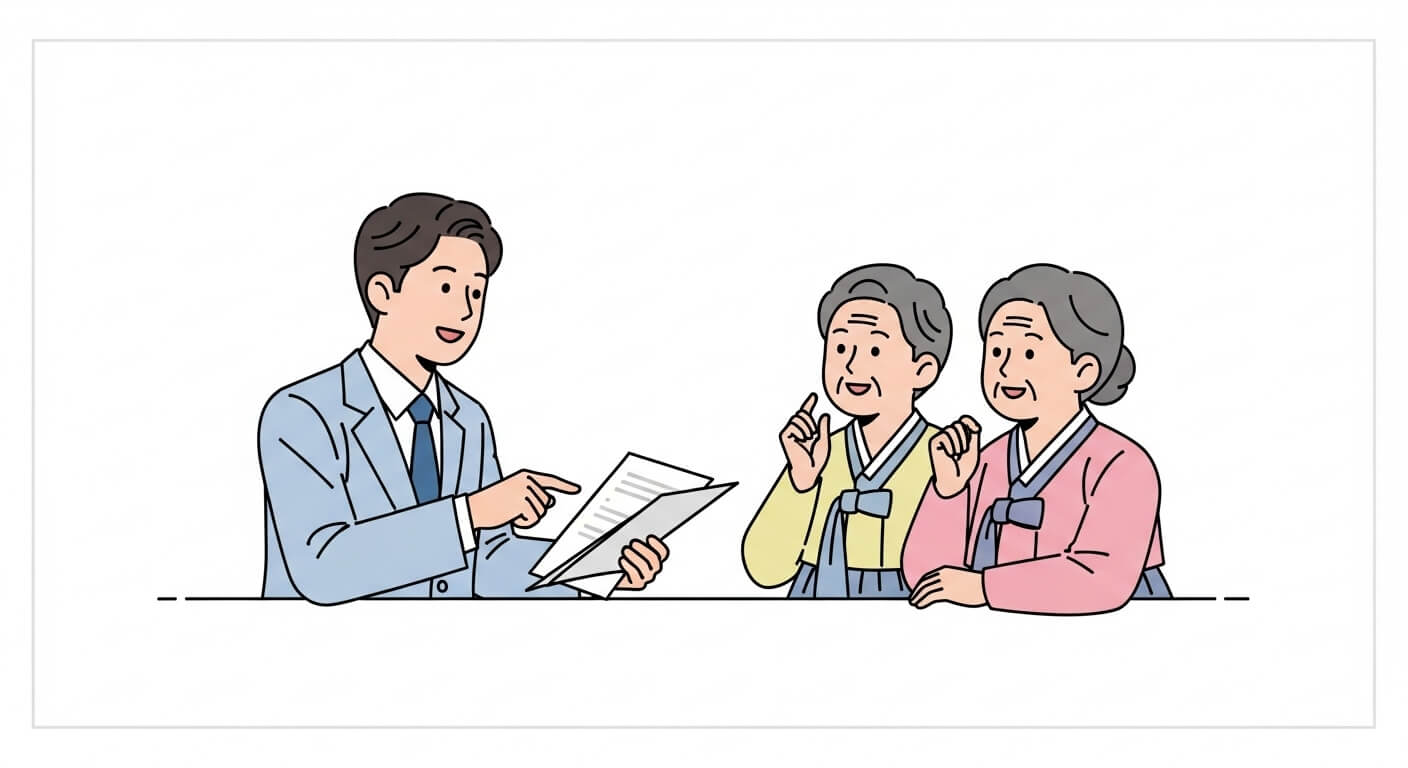 기초연금 관련 자주 묻는 질문에 대해 공무원이 문서를 보며 설명하는 장면. 3