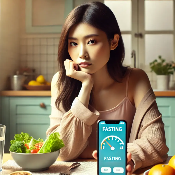 아침 식탁에서 간헐적 단식 앱을 확인하며 걱정스러운 표정을 짓는 동양인 젊은 여성의 초고해상도 사진